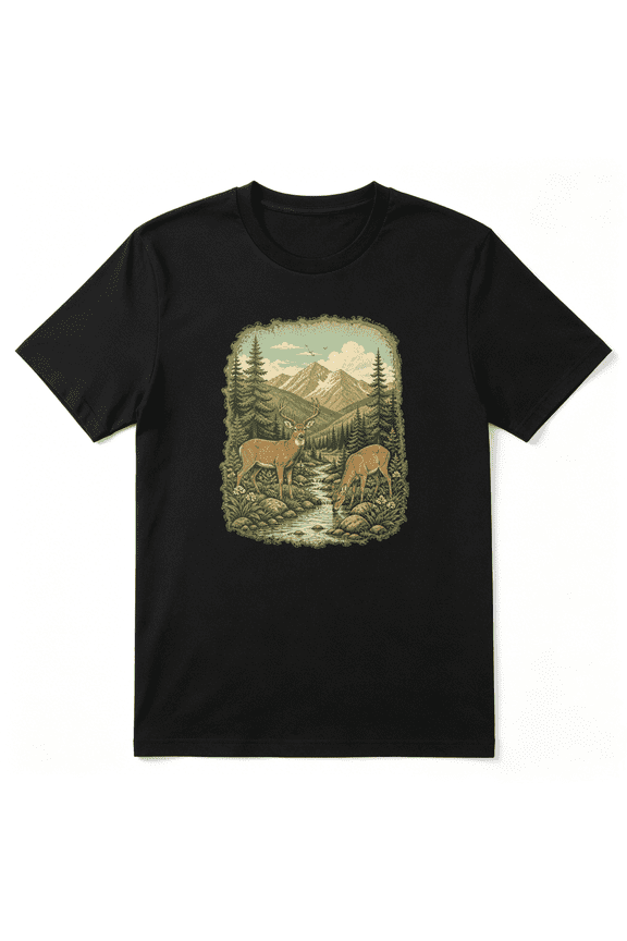 Deer Stream Valley Retro Graphic Tee for Men, Hunting Fan Hiking Cotton Short Sleeves T-Shirt