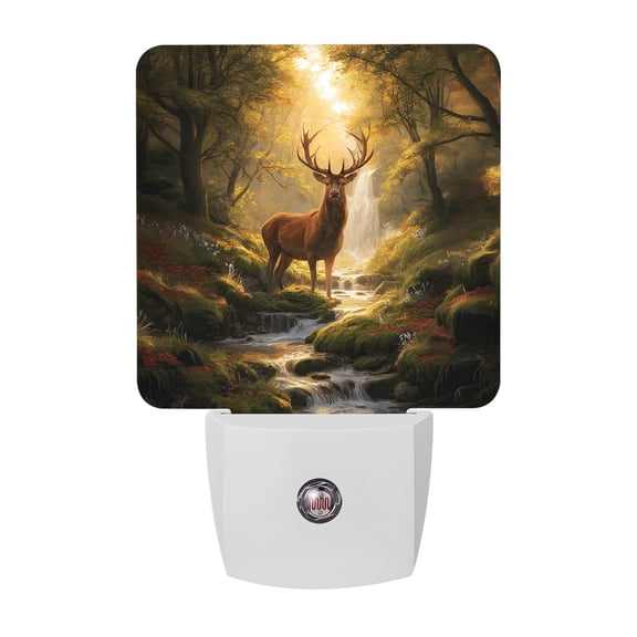 Deer in Sunbeams Night Lights, Fantasy Gold Light Rays Forest Stream Waterfall Smart Auto Dusk to Dawn Sensor Nightlights Plug-in Nightlight for Bedroom Bathroom Living Room Kitchen Hallway