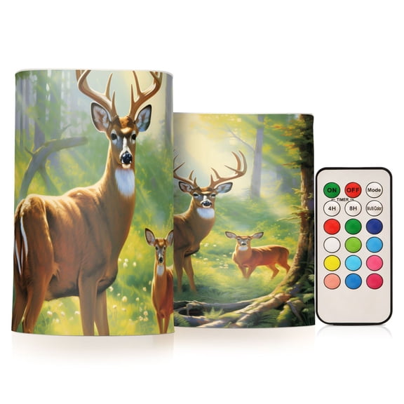 Deer Sunshine Forest Flickering Flameless Candles Battery Operated with Remote Timer LED Pillar Candles Set of 2