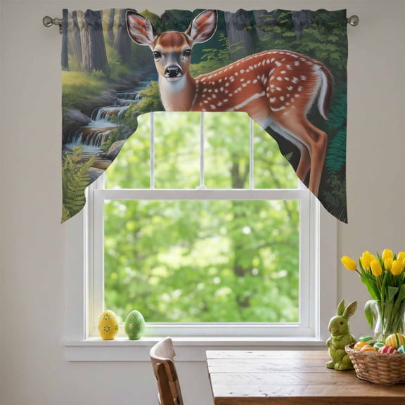 Deer Swag Valances for Kitchen Window, Forest Leaves River Vintage Nature Animal Farmhouse Small Swag Valances Rod Pocket Curtain Drapes Window Treatment for Bedroom Bathroom, 56x36 Inch