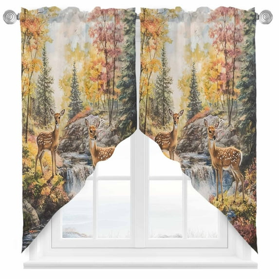 Deer Swag Valances for Windows 2 Pack Forest River Landscape Swag Kitchen Curtains 45 Inches Long Rod Pocket Short Window Treatment for Kitchen Bathroom 36"x45"