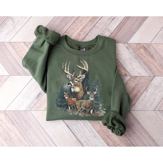 Deer Sweatshirt, Retro Buck and Doe Graphic, Americana Fall Crewneck, Cozy Hunting Pullover