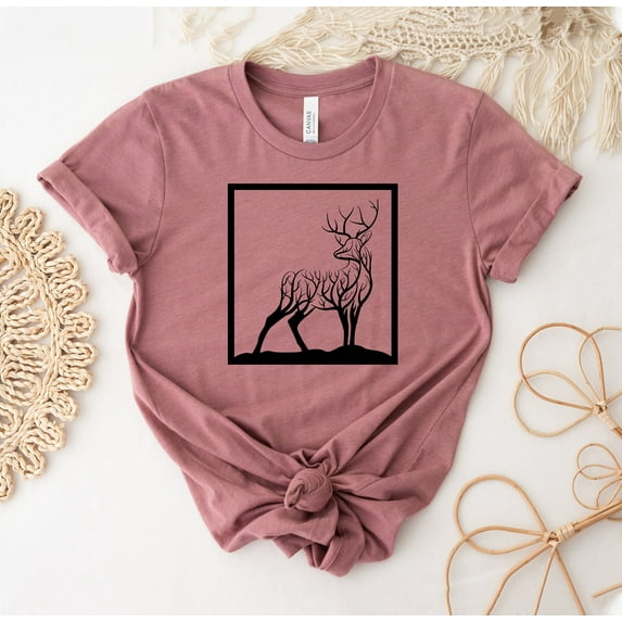 Deer T-shirt Animal Print Shirt Hunting Tee Love Top Outdoor Gift Tree T-shirts Nature Woodland Cute Stag Silhouette Lover