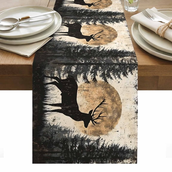 Deer Table Runner 13 x 36 Inch, Elk Silhouette Washable Cotton Linen Dining Table Runner Tabletop Decorations for Restaurant Home Kitchen Party