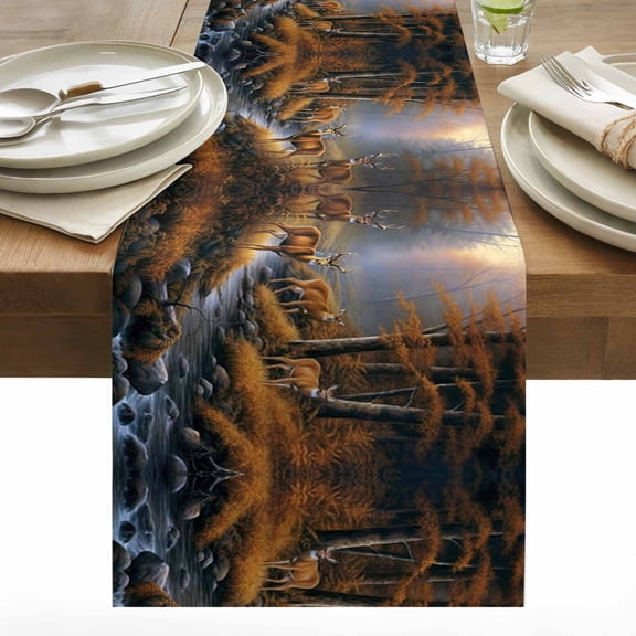 Deer in Table Runner 13x36 inch the Forest Brown Trees with Creek Cotton Linen Dining Table Runner Ideal for Dresser Kitchen Coffee Tables - Machine Washable