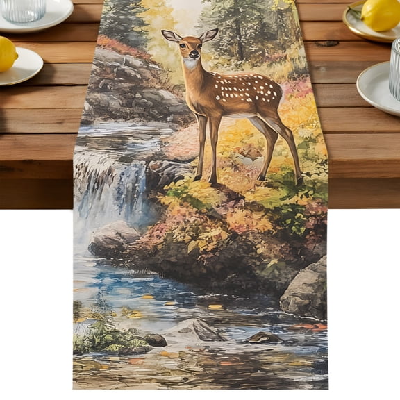 Deer Table Runner, Forest River Cotton Linen Table Cloth, Landscape Tablerunner for Kitchen Dining Party Wedding Home Decor 13x36 Inch