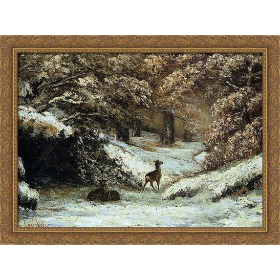 Deer Taking Shelter in Winter 36x28 Large Gold Ornate Wood Framed Canvas Art by Gustave Courbet