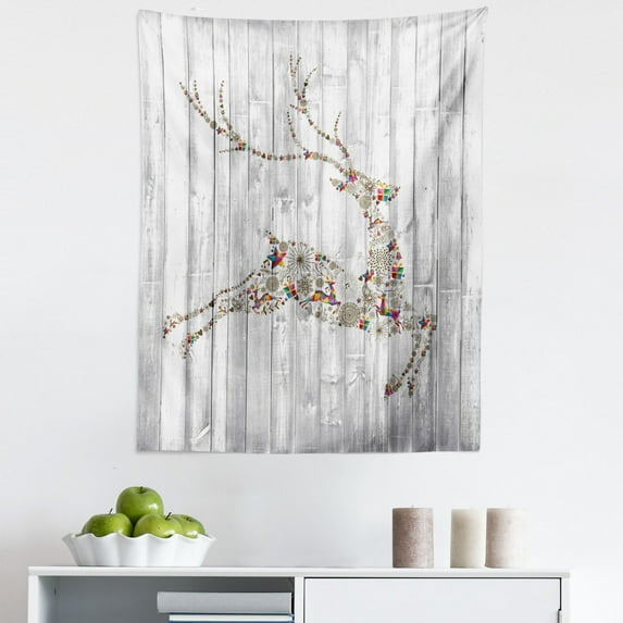 Deer Tapestry, Colorful Animal Silhouette Various Christmas Elements Wooden Planks Theme, Fabric Wall Hanging Decor for Bedroom Living Room Dorm, 5 Sizes, Grey Multicolor, by Ambesonne