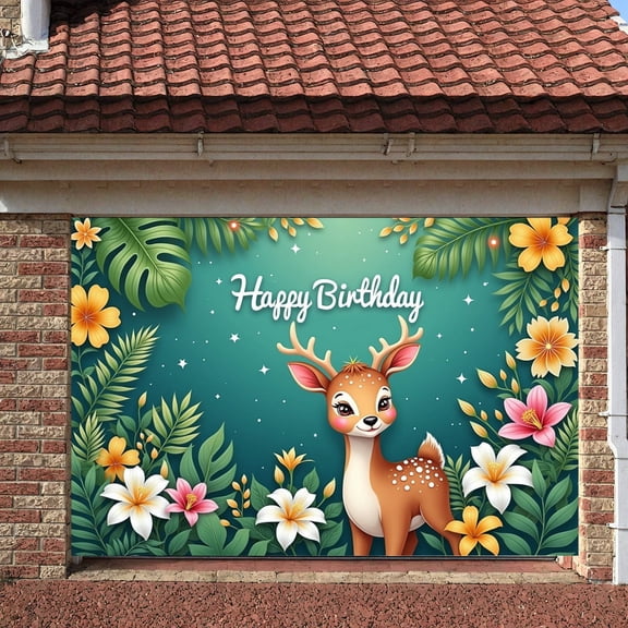 Deer Themed Banner Colorful Flowers Jungle Birthday Background Green Leaves Star Accents Kids Birthday Banner for Birthday Party Kids Party Photo Backdrop