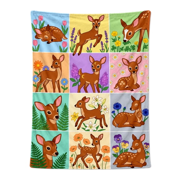 Deer Throw Blanket, Soft Flannel Fleece Blanket For Couch Bed Sofa, Cute Fawn Floral Print Decorative Blanket, Warm Cozy Lightweight Plush Throw, All Season Home Decor 50x40