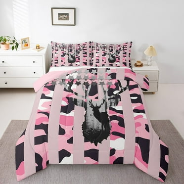 Deer Throw Full Size Comforter Set, Rustic Wildlife Reversible Bedding, Woodland Animals Printed Bedding Comforter Sets For Bedroom, Pink Gray Camouflage Stars Duvet Insert