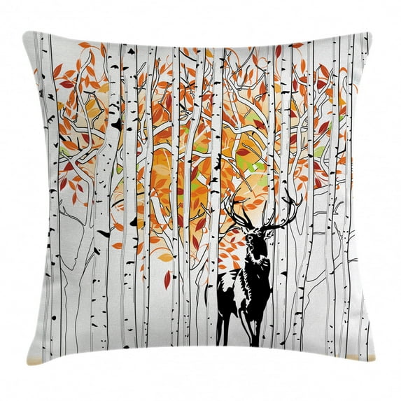Deer Throw Pillow Cushion Cover, Deer in Forest Autumn Colors Trees Foliage Wilderness Seasonal Artwork, Decorative Rectangle Accent Pillow Case, 26" X 16", Orange Green, by Ambesonne