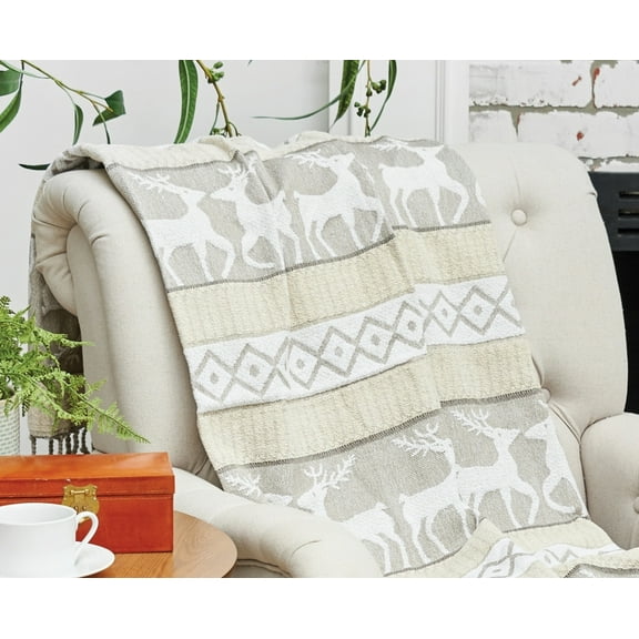 Reindeer 100% Cotton Ivory Christmas Winter Throw Blanket w/ Tassels 50" x 60"