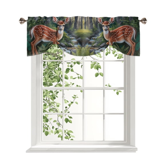 Deer Tie Up Valances Curtain, Forest Leaves River Vintage Nature Animal Farmhouse Adjustable Rod Pocket Window Treatment Short Tie Up Curtains Valances for Kitchen Living Room Bathroom 42x12 Inches