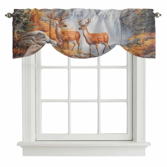 Deer Tie Up Window Valance Forest Wildlife Rustic Tie-up Valance for Kitchen Windows Adjustable Small Curtain Balloon Shades for Kitchen Bathroom Cafe 42x18inch