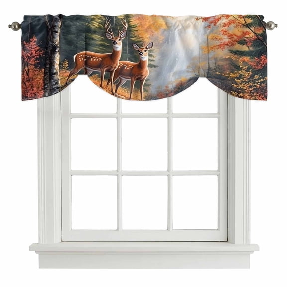 Deer Tie Up Window Valance Vintage Wildlife Rustic Tie-up Valance for Kitchen Windows Adjustable Small Curtain Balloon Shades for Kitchen Bathroom Cafe 42x12inch