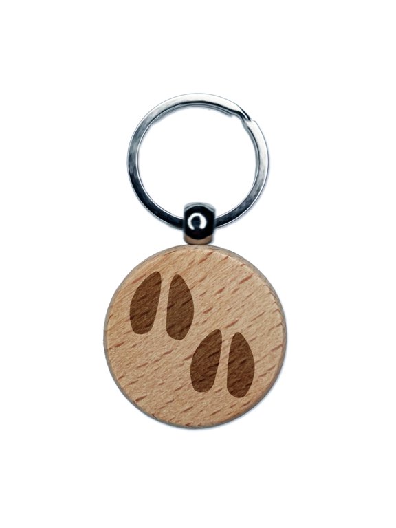 Deer Tracks Footprints Round Keychain Charm Tag - Engraved Wood
