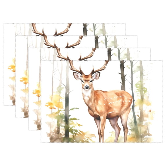 Deer Trees Leaves 12×18 inch Placemats Heat Resistant Washable Foldable Rectangular Placemats Set Decoration Indoor Outdoor for Kitchen Dining Table 6PCs