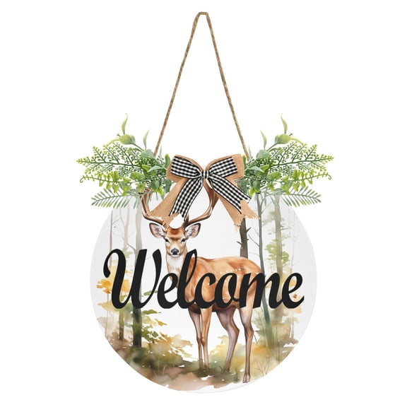 Deer Trees Leaves Welcome Sign for Front Door Wreath Door Sign for Farmhouse Porch Decoration Indoor Outdoor