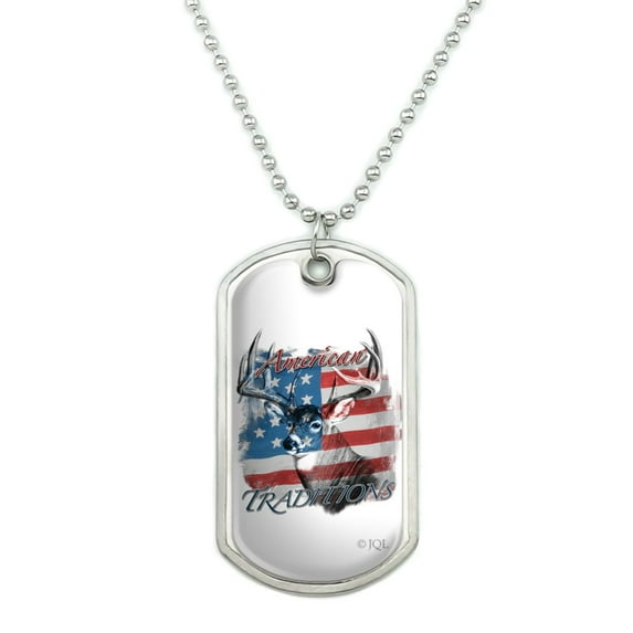 Deer USA Flag American Traditions Hunting Military Dog Tag Pendant Necklace with Chain
