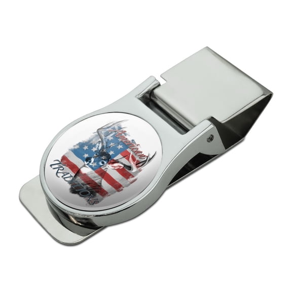 Deer USA Flag American Traditions Hunting Satin Chrome Plated Metal Money Clip