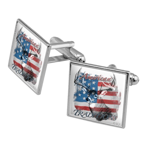 Deer USA Flag American Traditions Hunting Square Cufflink Set - Silver or Gold