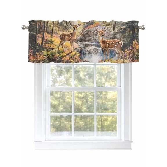 Deer Valances for Windows Forest River Landscape Kitchen Valance Curtain Rod Pocket Small Curtains for Cafe Bathroom Laundry Basement 42" x 12"