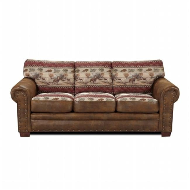 Brown Microfiber and Tapestry Lodge Sofa with Nailhead Trim