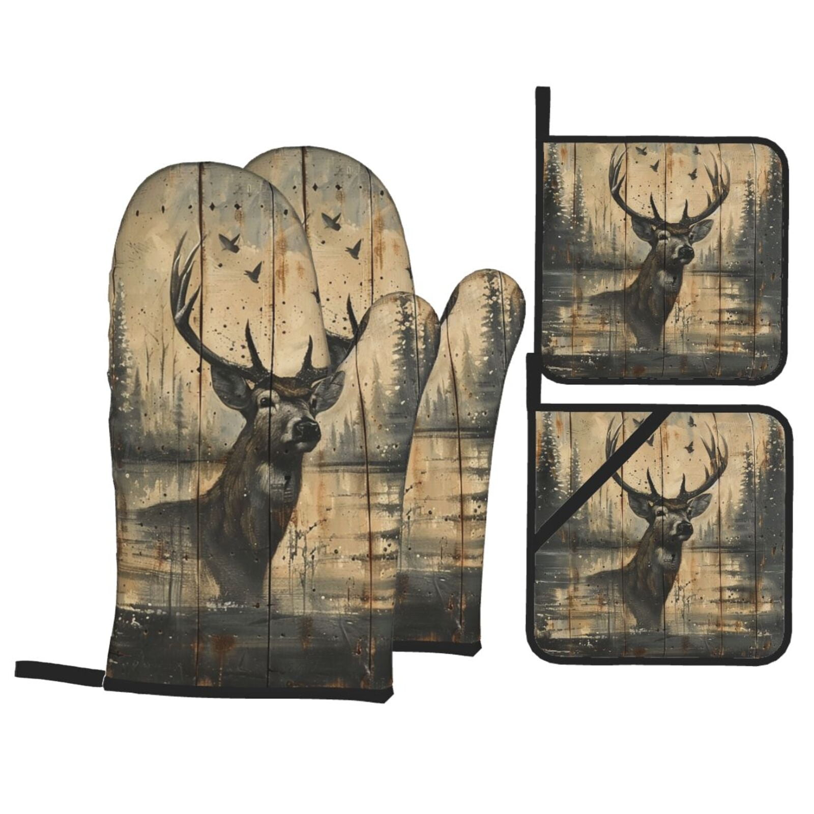 Deer Vintage Camo Art Black 4Pcs Oven Mitts and Pot Holders Sets Oven Kitchen Gloves Hot Pads for Cooking BBQ Baking Grilling