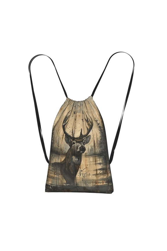 Deer Vintage Camo Art Black Packable Drawstring Backpack, Lightweight Foldable Cinch Storage Bag for Gym Travel Shopping