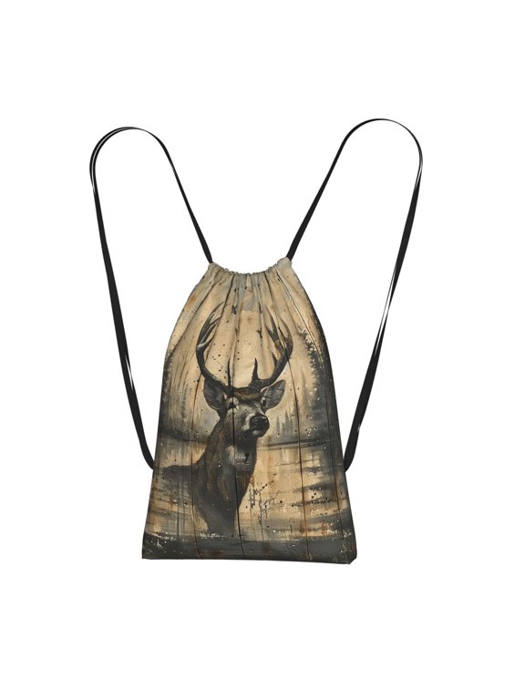 Deer Vintage Camo Art Black Packable Drawstring Backpack, Lightweight Foldable Cinch Storage Bag for Gym Travel Shopping