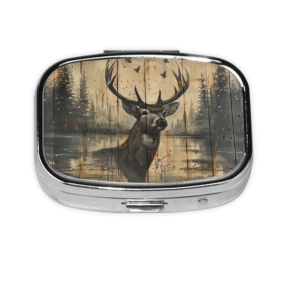 Deer Vintage Camo Art Black Square Pill Box 2 Compartment Pill Case Medicine Organizer Decorative Gift for Purse Pocket