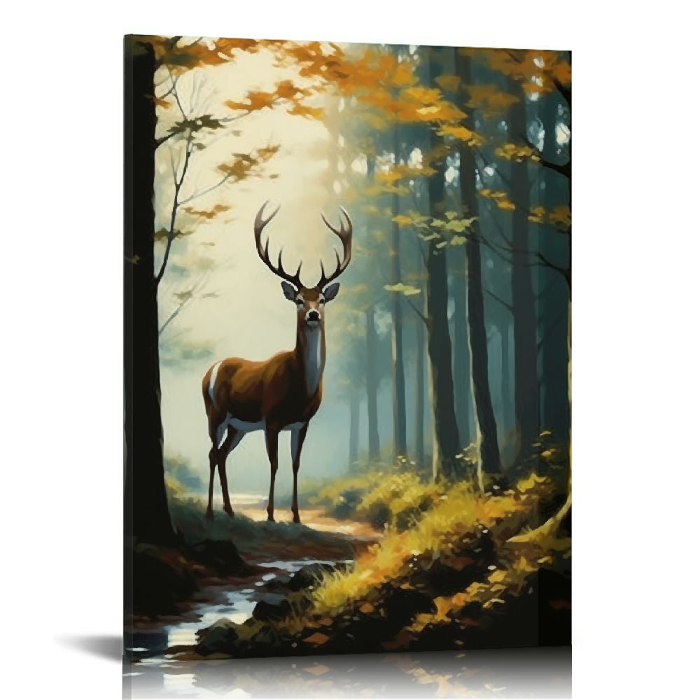 Deer Wall Art Framed Deer in Forest Pictures Canvas Wall Art Home Decor ...