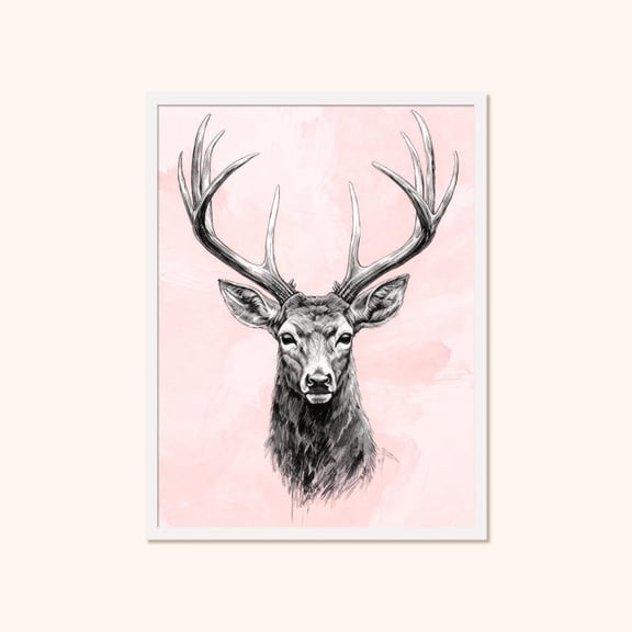 Deer Wall Art, Stag Portrait Pastel Pink Poster, Unframed Poster Size 8x12