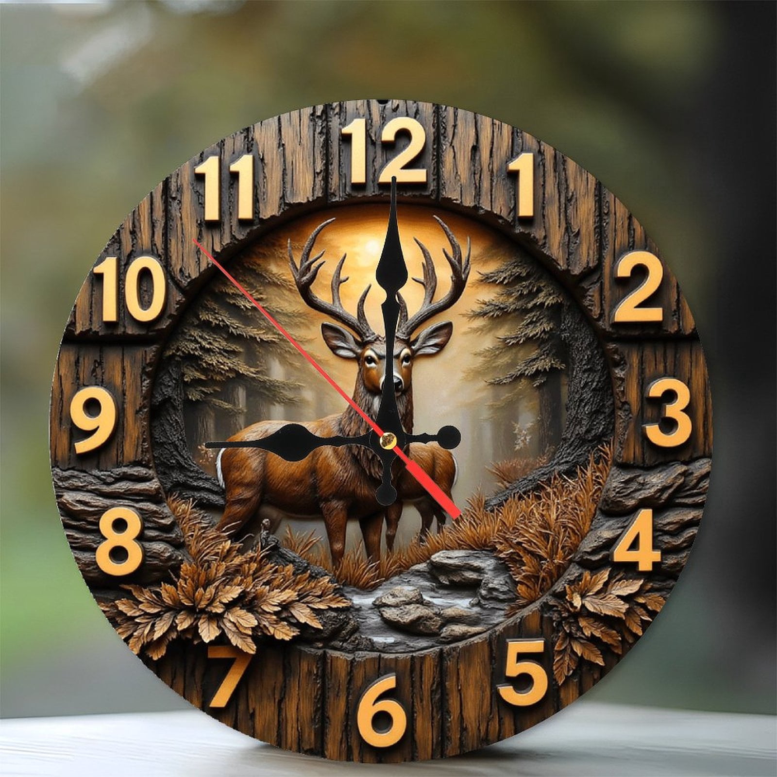 Deer Wall Clock with Rustic Home Decor 10-Inch Silent Wooden Wall Clock ...