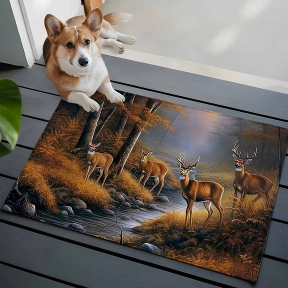Deer in Washable Area Rug 2x3 the Forest Brown Trees with Creek Low-Profile Area Rugs with Non Slip Backing Indoor Floor Carpet for Entrance Living Room Bedroom Home Office