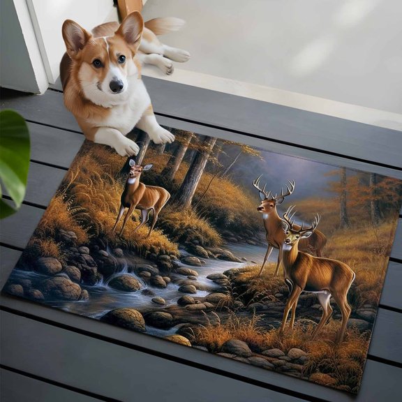 Deer in Washable Area Rug 2x3 Sunset Forest with Stream and Trees Low-Profile Area Rugs with Non Slip Backing Indoor Floor Carpet for Entrance Living Room Bedroom Home Office
