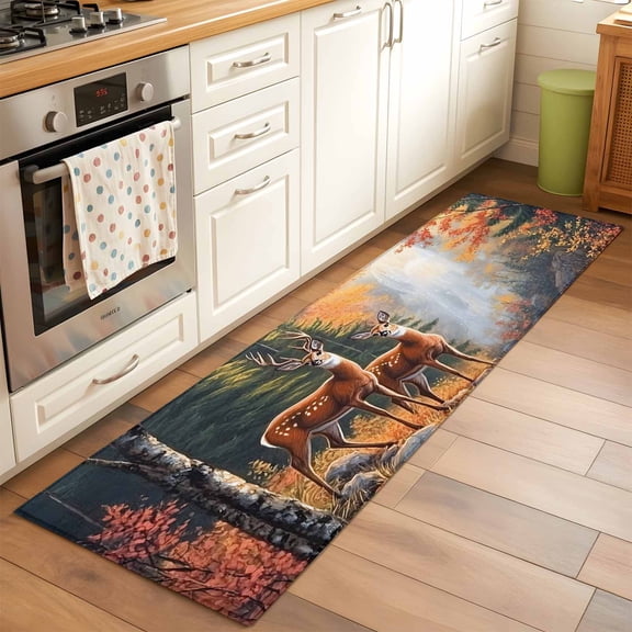 Deer Washable Area Rug 2x6 Vintage Wildlife Rustic Low-Profile Area Rugs with Non Slip Backing Indoor Floor Carpet for Entrance Living Room Bedroom Home Office