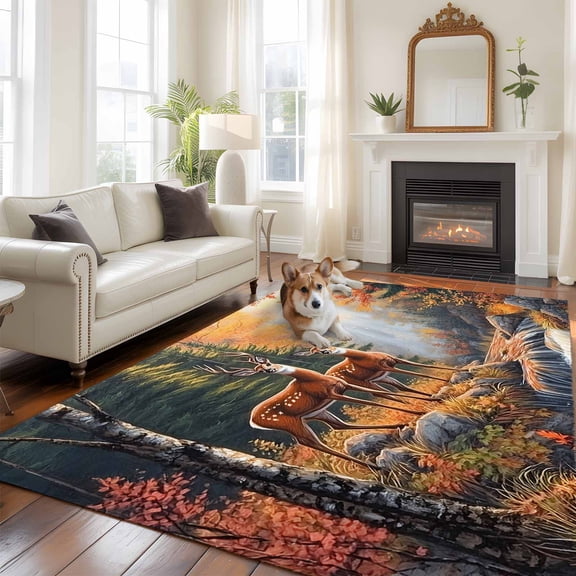 Deer Washable Area Rug 5x7 Vintage Wildlife Rustic Low-Profile Large Area Rugs with Non Slip Backing Indoor Floor Carpet for Entrance Living Room Bedroom Home Office