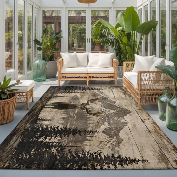 Deer Washable Living Room Rugs 9'x12', Rustic Vintage Mountain Pine Tree Animal Brown Wood Grain Washable Throw Large Area Rug Non-Slip Sturdy Edge Binding Carpet for Bedroom Dining Room Office