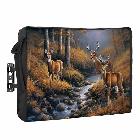 Deer in Waterproof Outdoor TV Cover, Sunset Forest with Stream and Trees Outside Weatherproof TV Enclosures for 60 to 65 Inch LCD Television Shield Flat Screen Protectors