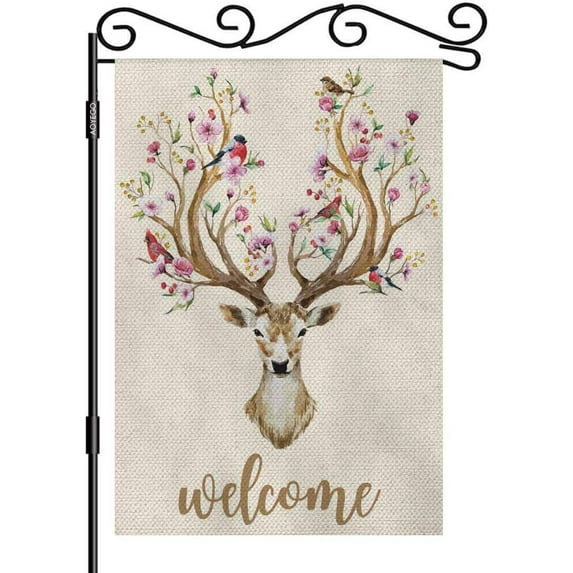 Deer Welcome Garden Flag Small Vertical Double Sided 12.5 x 18 Inch Watercolor Deer Big Antlers Flowers and Birds on the Horns Burlap Yard Outdoor Decor