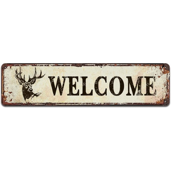 Deer Welcome Slogan Signs for A Cabin Store Sign, Deer Black Metal Wall Art Plaque Home Decor, Outdoor Tin Signs 4 x 16 Inch