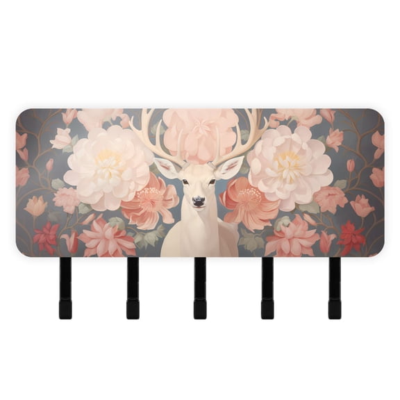 Deer White Flowers Mail Holder Organizer Wall Mount with Shelf Key Holder Key Rack with 5 Key Hooks for Wall Decorative