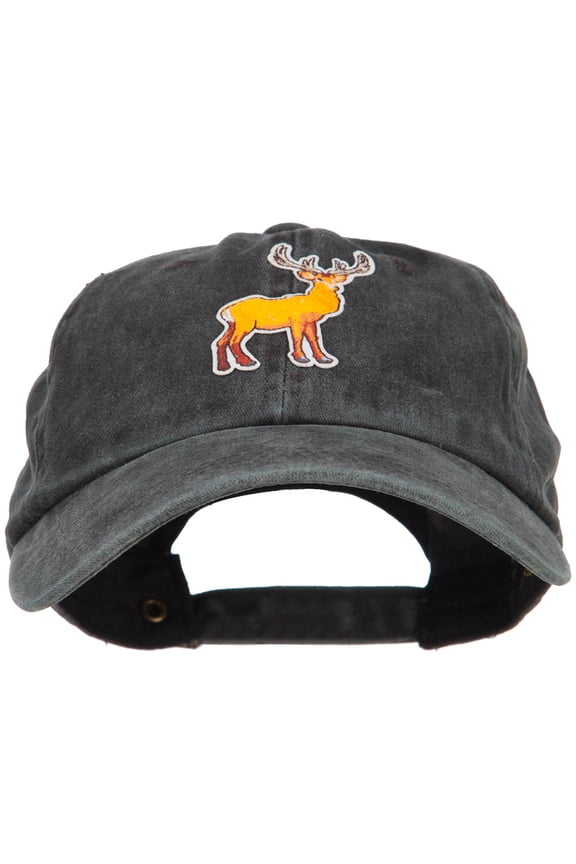 Deer Wild Animal Patched Washed Cotton Twill Cap - Black OSFM