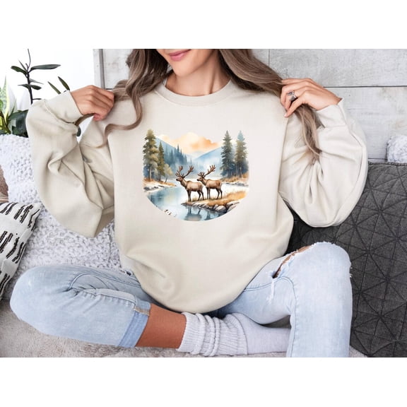 Deer Wilderness Scene Sweatshirt, Forest Retro Wilderness Deer Buck Distressed Sweat,Vintage Nature Scene Top Sweat,Rustic Apparel Sweat, Full size S-5XL