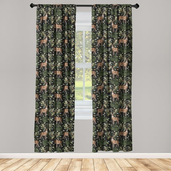 Deer Window Curtains, Reindeer with Floral Antlers Autumn Forest Nature Woodland Watercolor Pattern, Lightweight Decor 2-Panel Set with Rod Pocket, Pair of - 28"x63", Black Green Brown, by Ambesonne