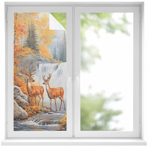 Deer Window Privacy Film Forest Wildlife Rustic Decorative Glass Window Film UV Blocking Static Cling Non-Adhesive Sticker Covering for Home Door 19.6 x 39.3 inches