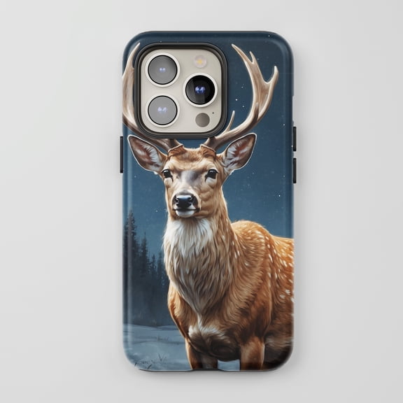 Deer Winter Forest For All iPhone Series Tough Phone Case Wildlife Art Dark Blue