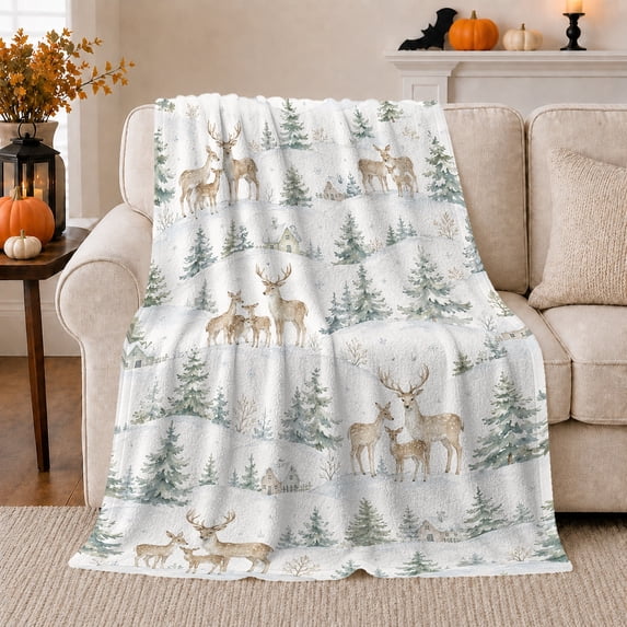 Deer Among Snowy Hills Evergreen Trees And Cottages for Woodland Wildlife Enthusiasts, Serene Watercolor Art Home Decor for Living Room and Bedroom, Christmas Gift and Cozy Flannel Blanket